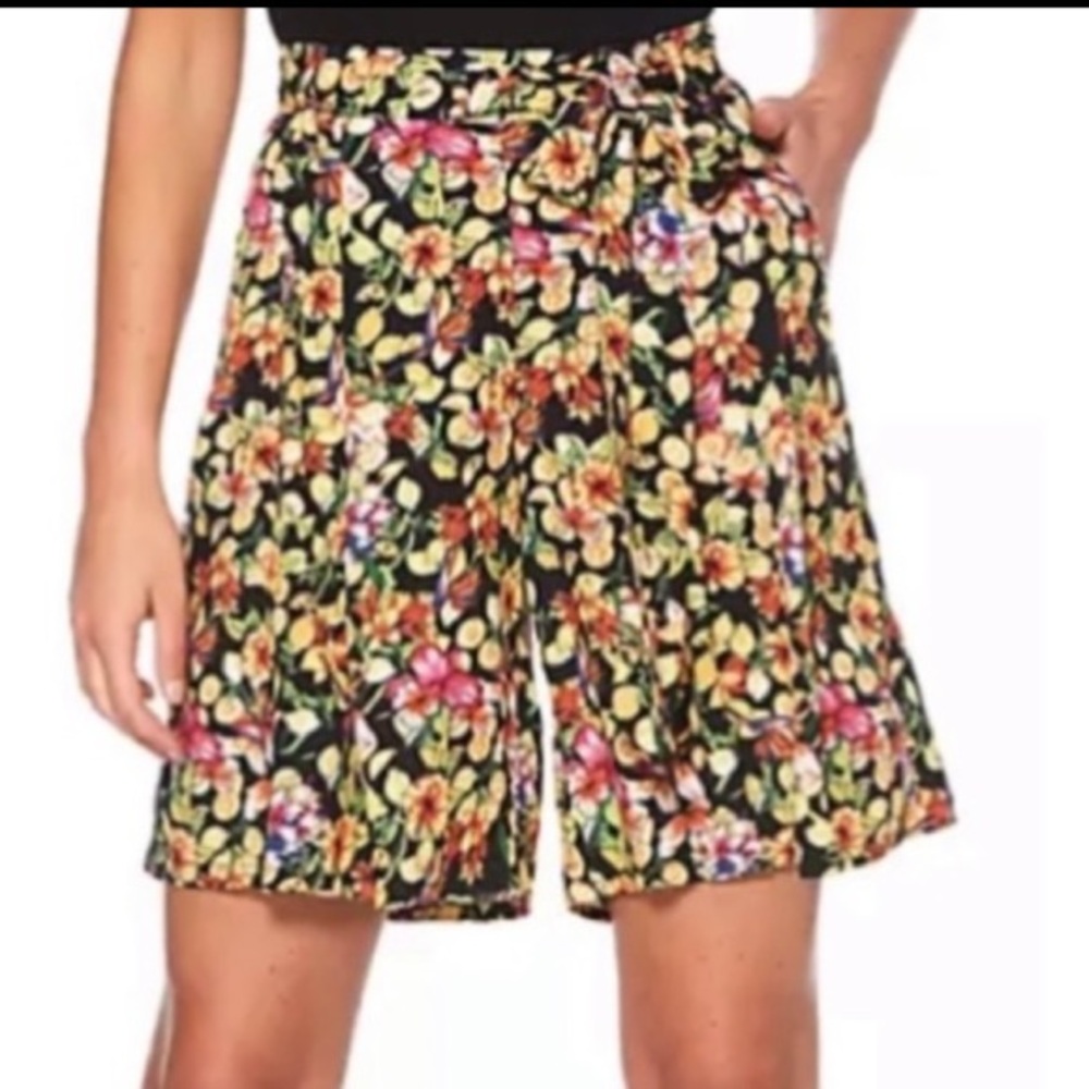 Rafaella Vintage Floral Wide Leg Belted High Waist Lemon Baggy Shorts Sz XL